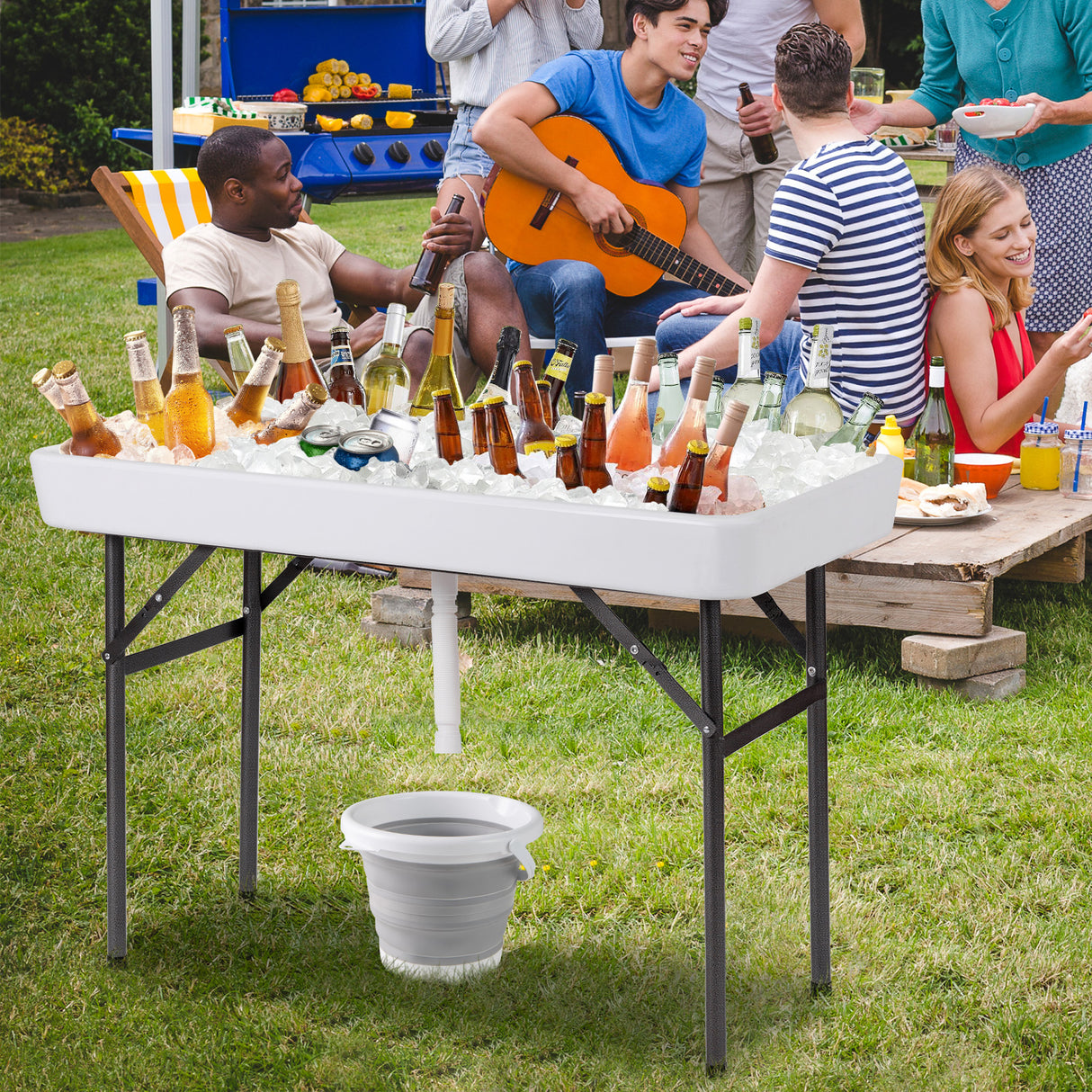 4 Feet Plastic Party Ice Folding Table with Matching Skirt and Ice Bucket-White