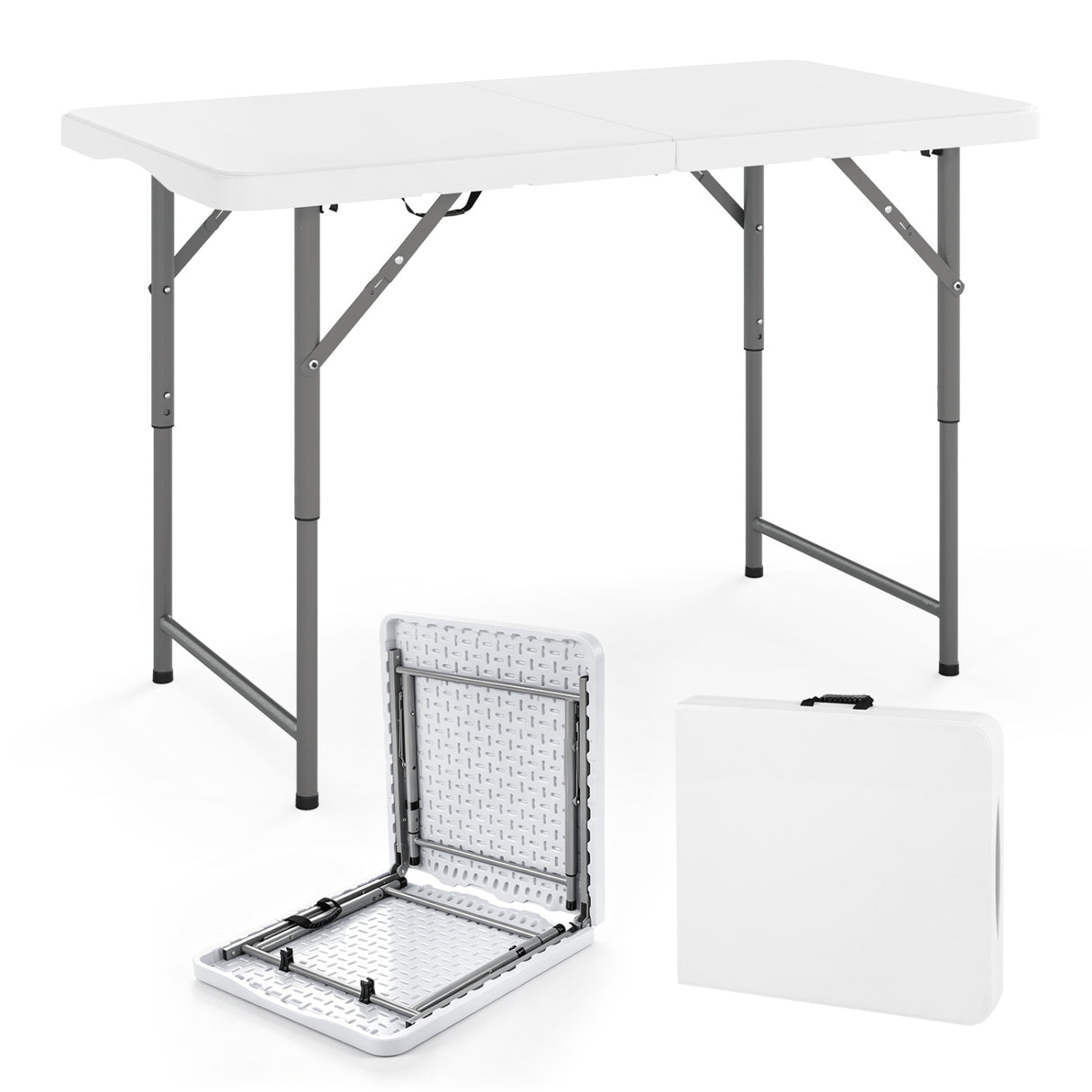 4 Feet Portable Camping Table with HDPE Tabletop and Metal Legs-White