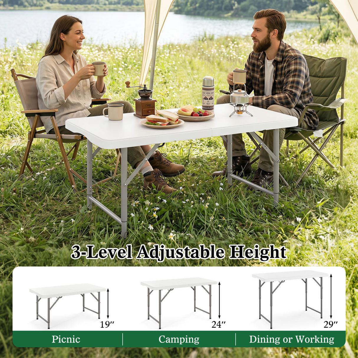 4 Feet Portable Camping Table with HDPE Tabletop and Metal Legs-White