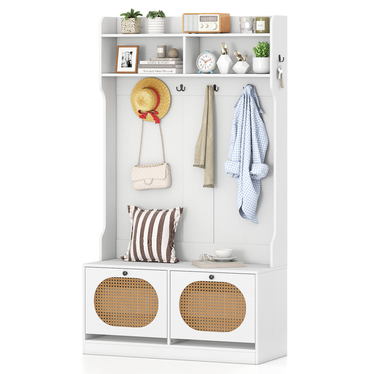4-In-1 Hall Tree with Coat Rack and Flip Drawers for Entryway Mudroom-White