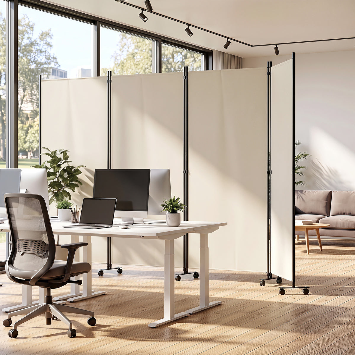 4 Panel Folding Privacy Screen Room Divider with Wheels-White