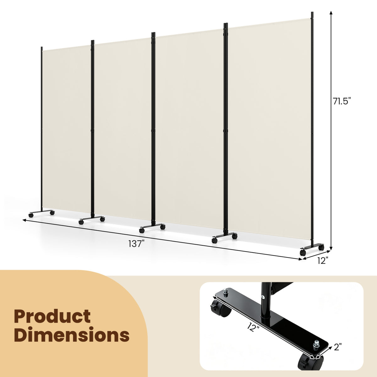 4 Panel Folding Privacy Screen Room Divider with Wheels-White