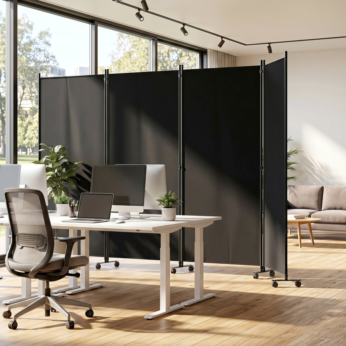 4 Panel Folding Privacy Screen Room Divider with Wheels-Black