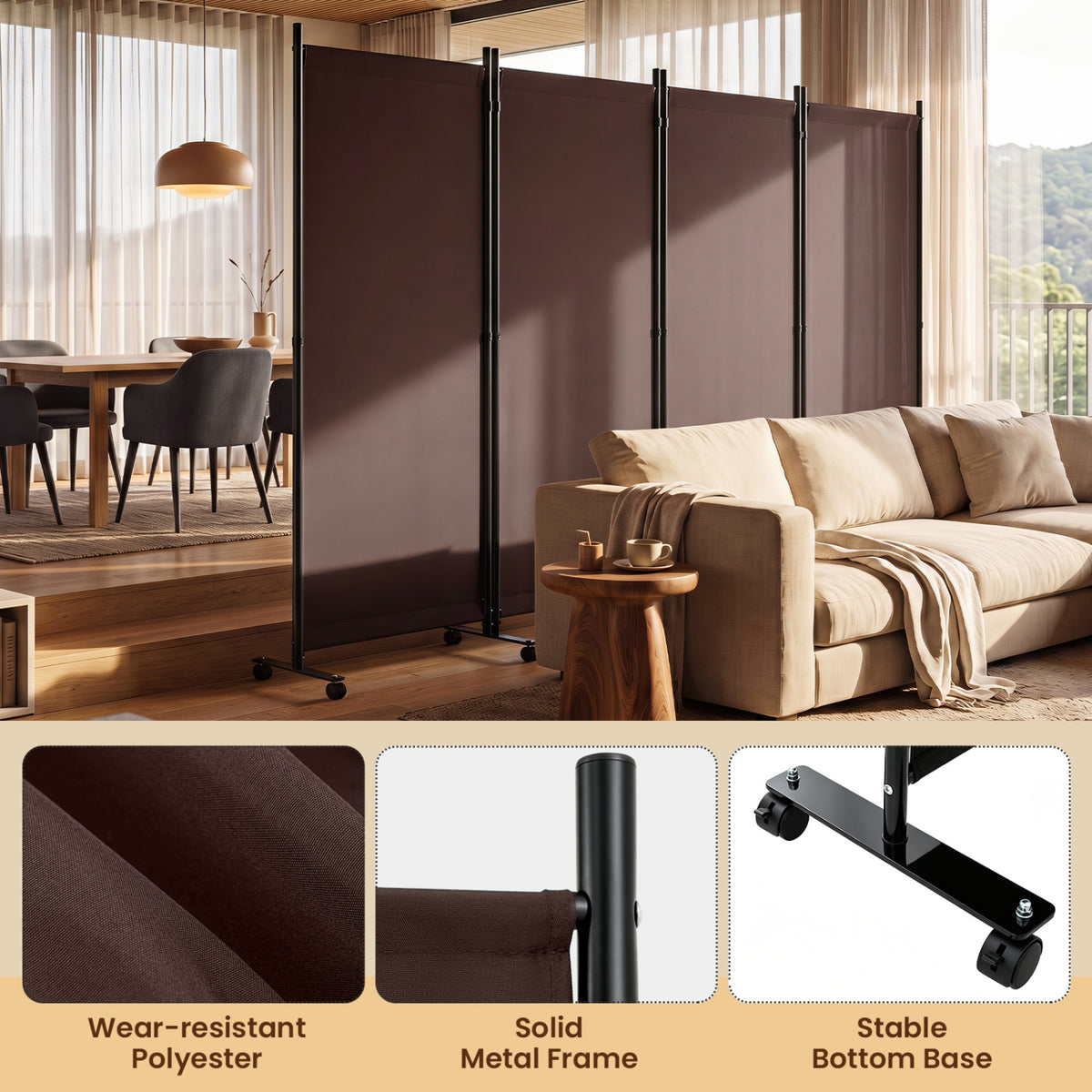 4 Panel Folding Privacy Screen Room Divider with Wheels-Brown