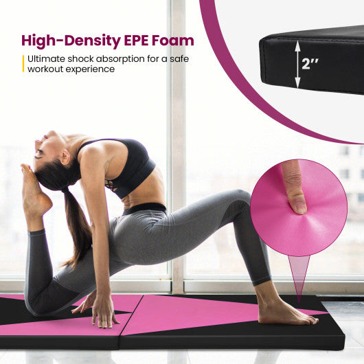 4-Panel PU Leather Folding Exercise Gym Mat with Hook and Loop Fasteners-Black & Pink