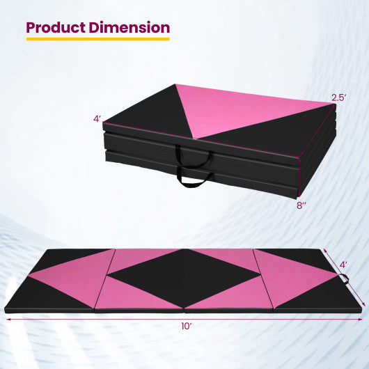 4-Panel PU Leather Folding Exercise Gym Mat with Hook and Loop Fasteners-Black & Pink