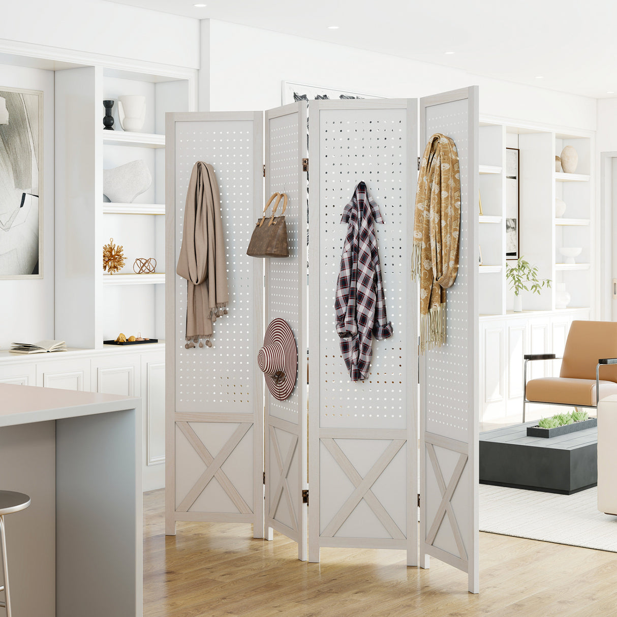 4-Panel Pegboard Room Divider 67 Inches Tall Foldable Privacy Screen