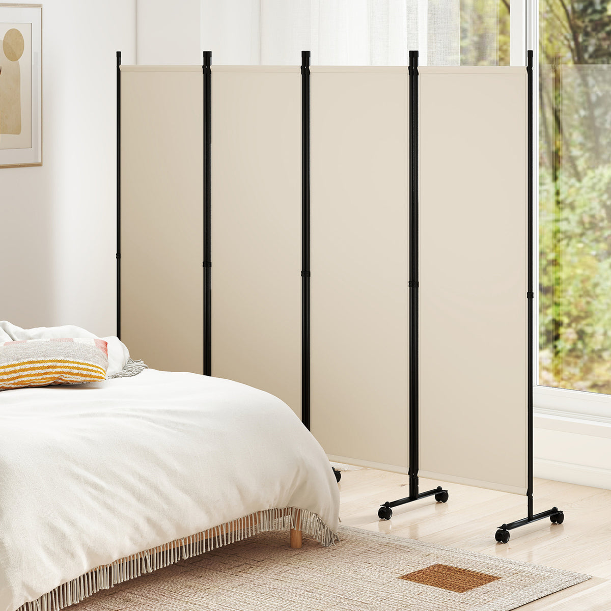 4-Panel Room Divider with Lockable Wheels for Living Room-Beige