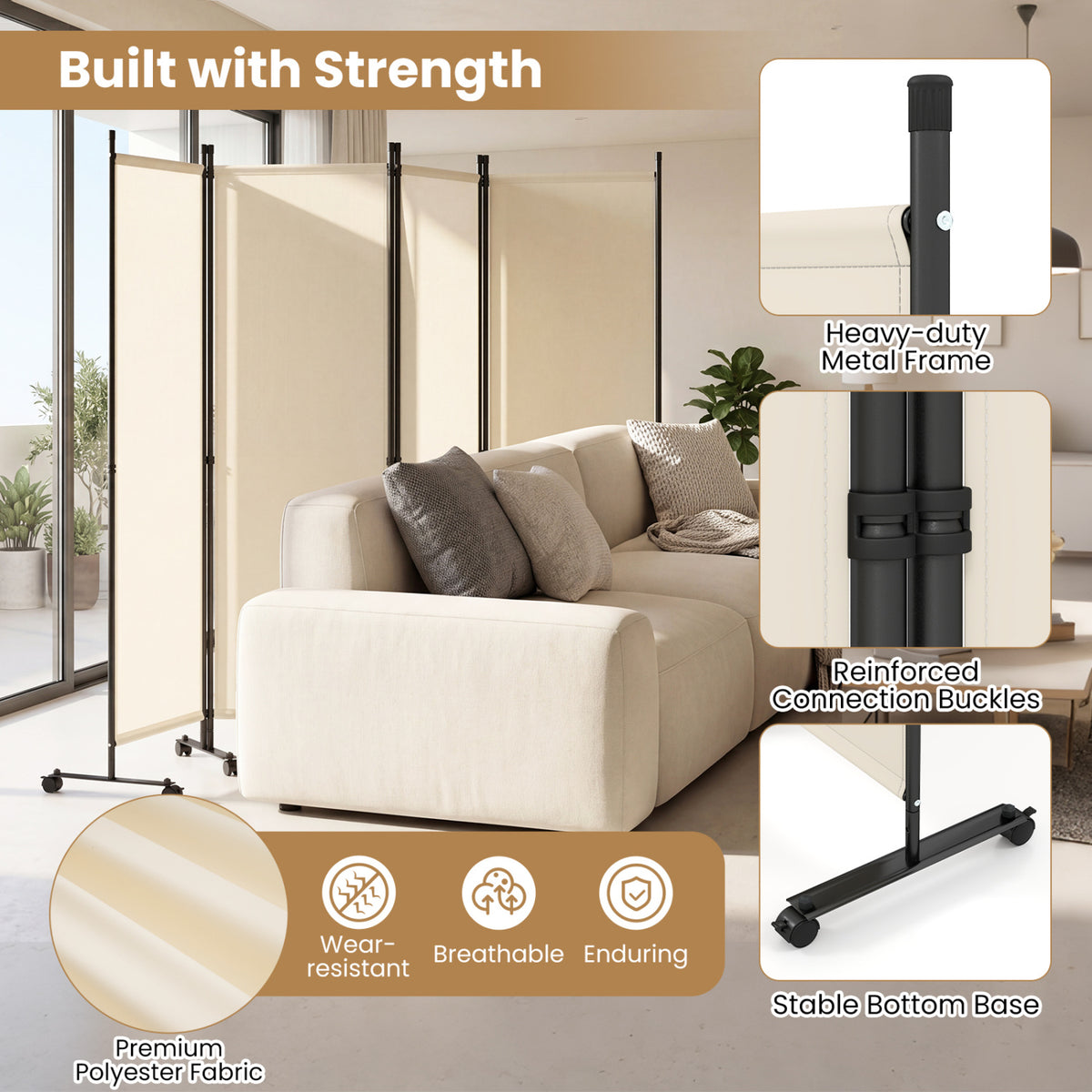 4-Panel Room Divider with Lockable Wheels for Living Room-Beige