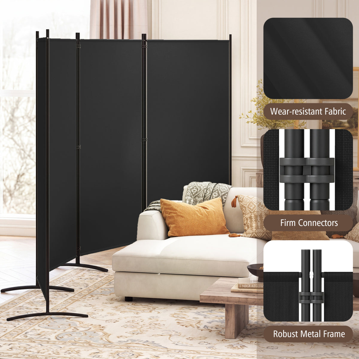 4 Panel Room Divider 6 FT Tall Folding Privacy Screen with Curved Metal Feet-Black