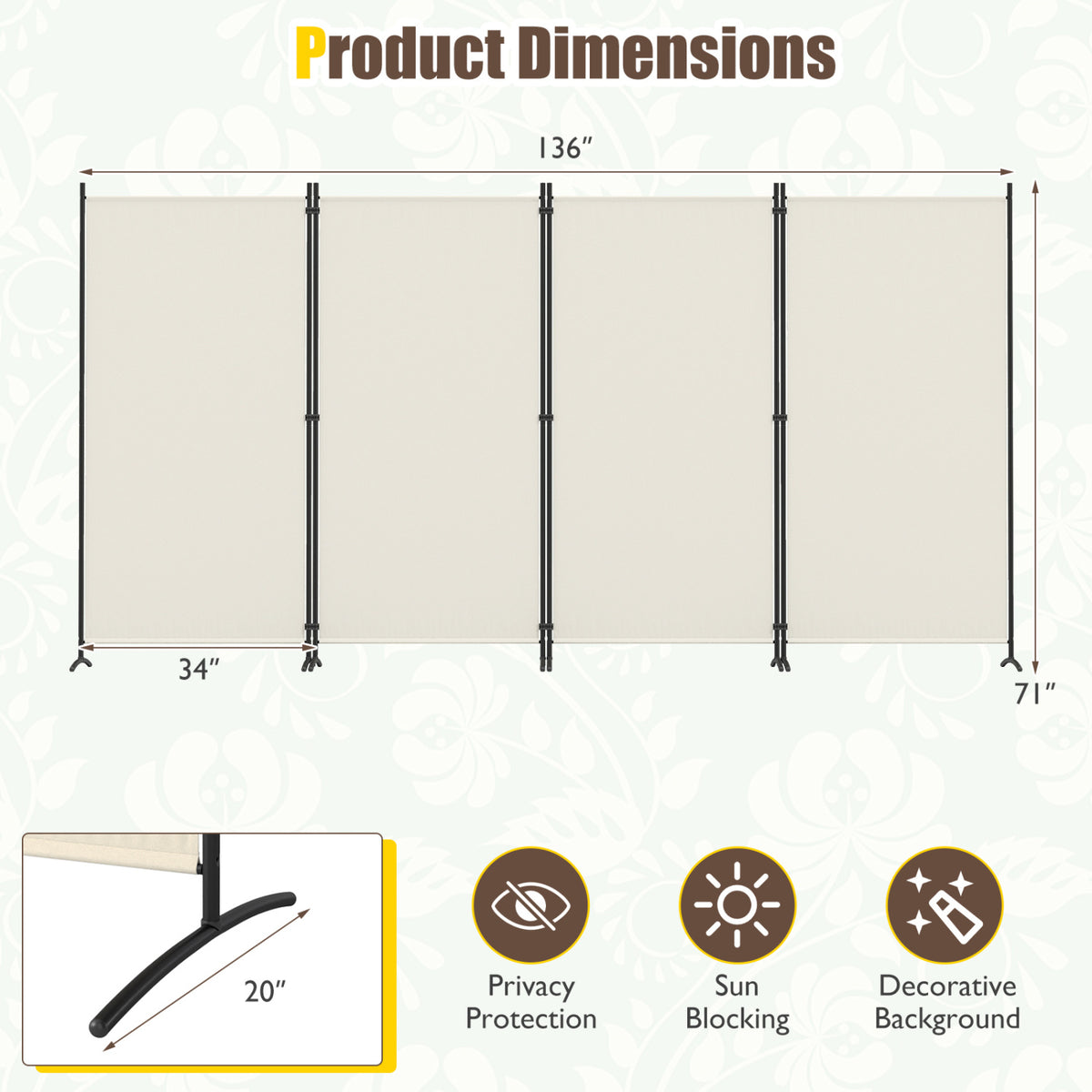 4 Panel Room Divider 6 FT Tall Folding Privacy Screen with Curved Metal Feet-White