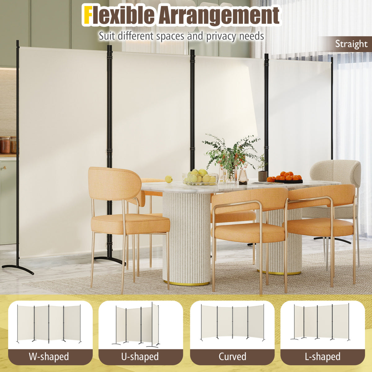 4 Panel Room Divider 6 FT Tall Folding Privacy Screen with Curved Metal Feet-White