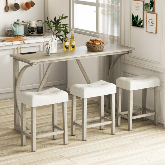 4-Piece Bar Table Set with Power Outlet and Upholstered Saddle Seat Stools-Grey and Beige