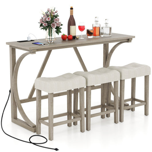 4-Piece Bar Table Set with Power Outlet and Upholstered Saddle Seat Stools-Grey and Beige