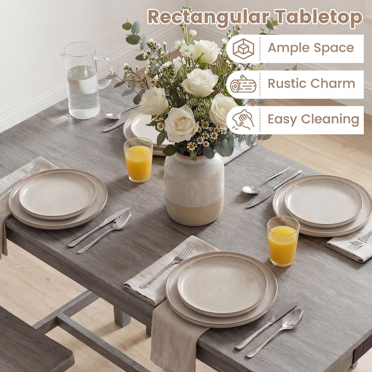 4-Piece Counter Height Dining Table Set with Power Outlet Solid Rubber Wood Kitchen Table-Gray