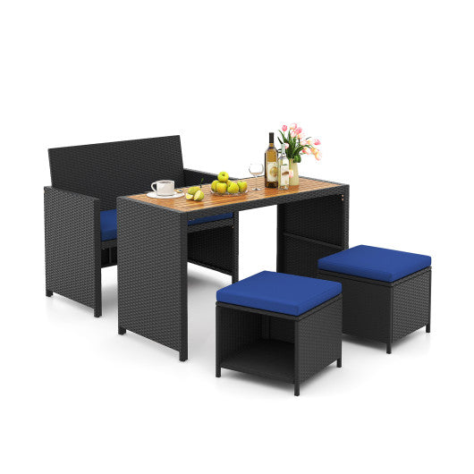 4 Piece Outdoor Dining Set with Wood Topped Dining Table Rattan Loveseat Chair and 2 Ottomans-Navy