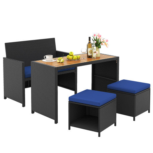 4 Piece Outdoor Dining Set with Wood Topped Dining Table Rattan Loveseat Chair and 2 Ottomans-Navy