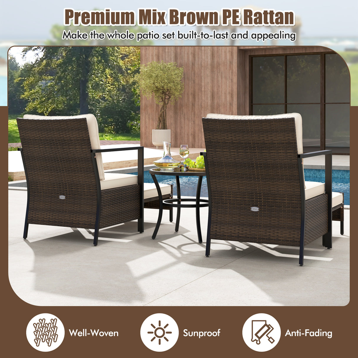 4 Piece Outdoor Furniture Set with Glass Topped Coffee Table-White