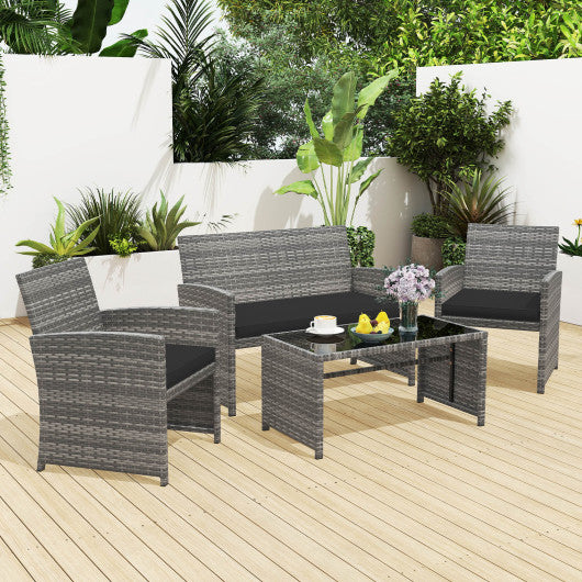 4 Piece Patio Conversation Set Rattan Chair Loveseat and Table Set-Black