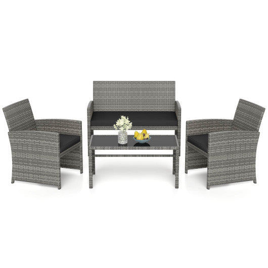 4 Piece Patio Conversation Set Rattan Chair Loveseat and Table Set-Black