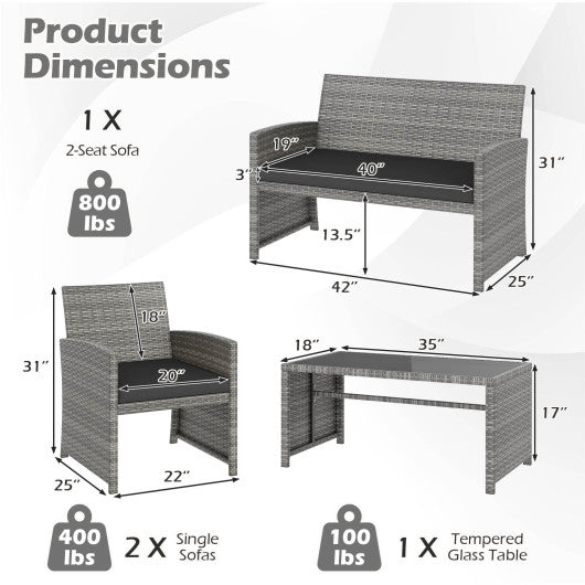 4 Piece Patio Conversation Set Rattan Chair Loveseat and Table Set-Black