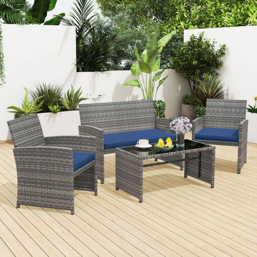 4 Piece Patio Conversation Set Rattan Chair Loveseat and Table Set-Navy