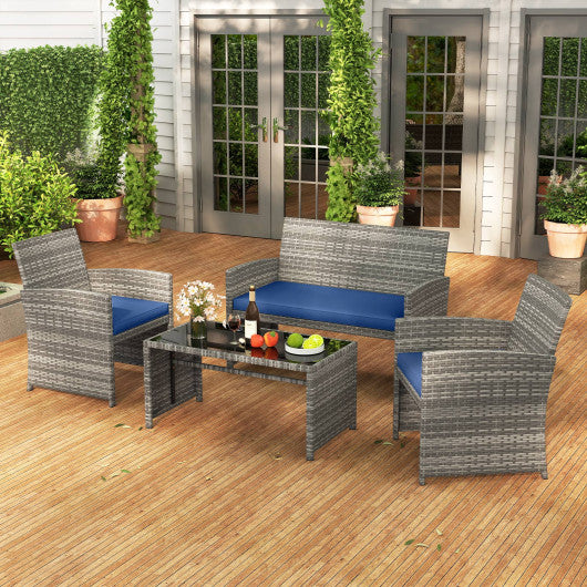 4 Piece Patio Conversation Set Rattan Chair Loveseat and Table Set-Navy