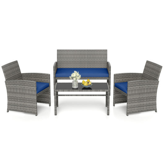 4 Piece Patio Conversation Set Rattan Chair Loveseat and Table Set-Navy