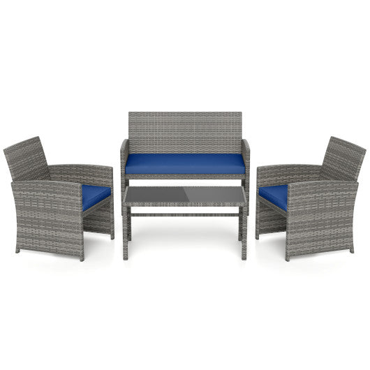4 Piece Patio Conversation Set Rattan Chair Loveseat and Table Set-Navy