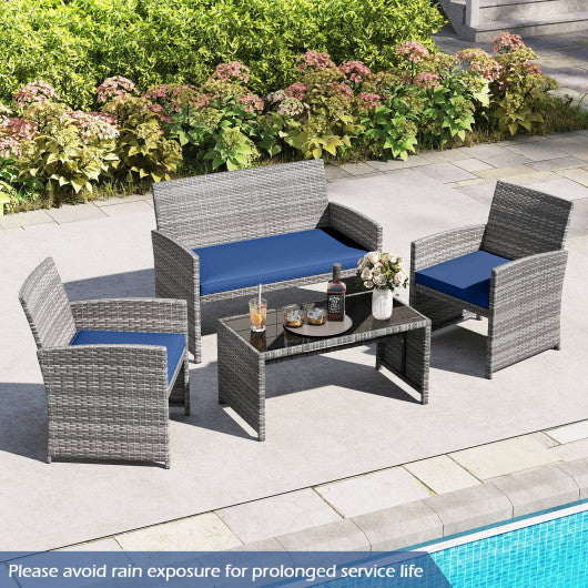4 Piece Patio Conversation Set Rattan Chair Loveseat and Table Set-Navy