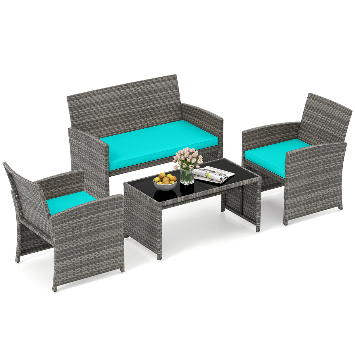 4 Piece Patio Conversation Set Rattan Chair Loveseat and Table Set-Turquoise