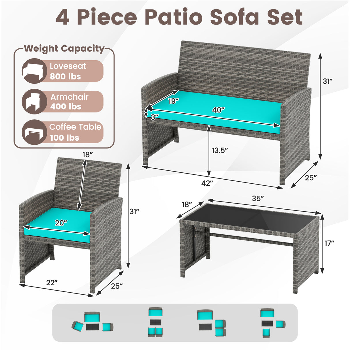 4 Piece Patio Conversation Set Rattan Chair Loveseat and Table Set-Turquoise