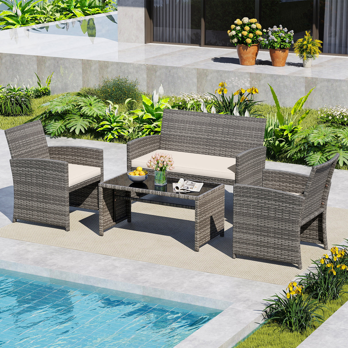 4 Piece Patio Conversation Set Rattan Chair Loveseat and Table Set-Off White