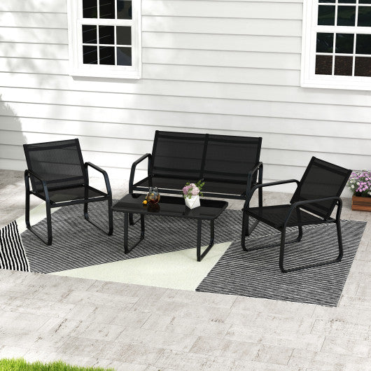 4 Pieces Patio Conversation Set with Breathable Fabric Seat and Tempered Glass Tabletop-Black