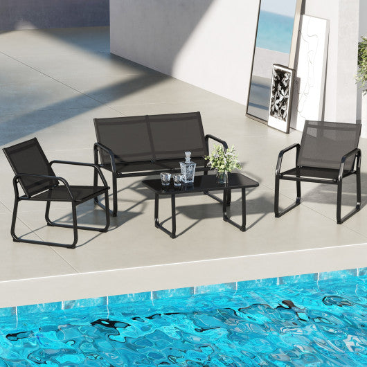 4 Pieces Patio Conversation Set with Breathable Fabric Seat and Tempered Glass Tabletop-Black