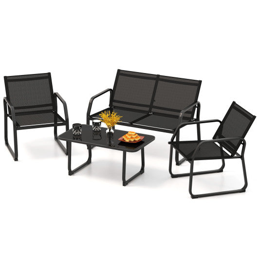 4 Pieces Patio Conversation Set with Breathable Fabric Seat and Tempered Glass Tabletop-Black