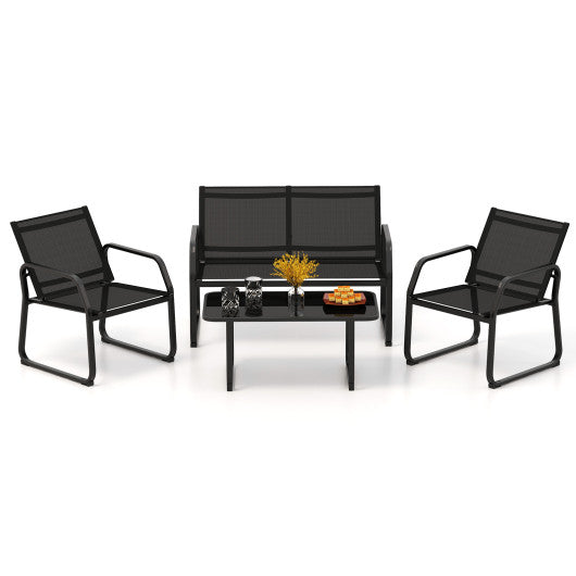 4 Pieces Patio Conversation Set with Breathable Fabric Seat and Tempered Glass Tabletop-Black