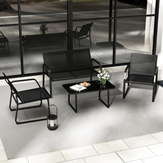 4 Pieces Patio Conversation Set with Breathable Fabric Seat and Tempered Glass Tabletop-Black
