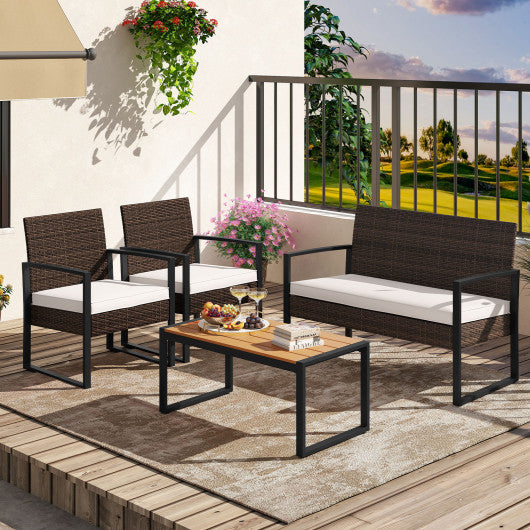 4 Piece Patio Furniture Set Outdoor Rattan Conversation Set with Cushioned Chairs and Wood Plastic Coffee Table-Off White