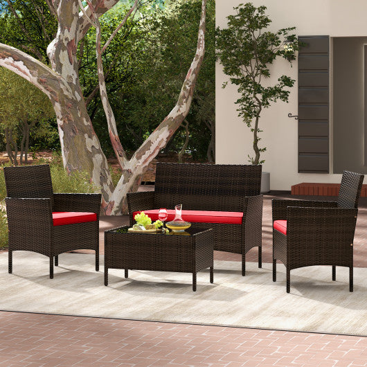 4 Piece Patio Rattan Conversation Set with Cozy Seat Cushions-Red
