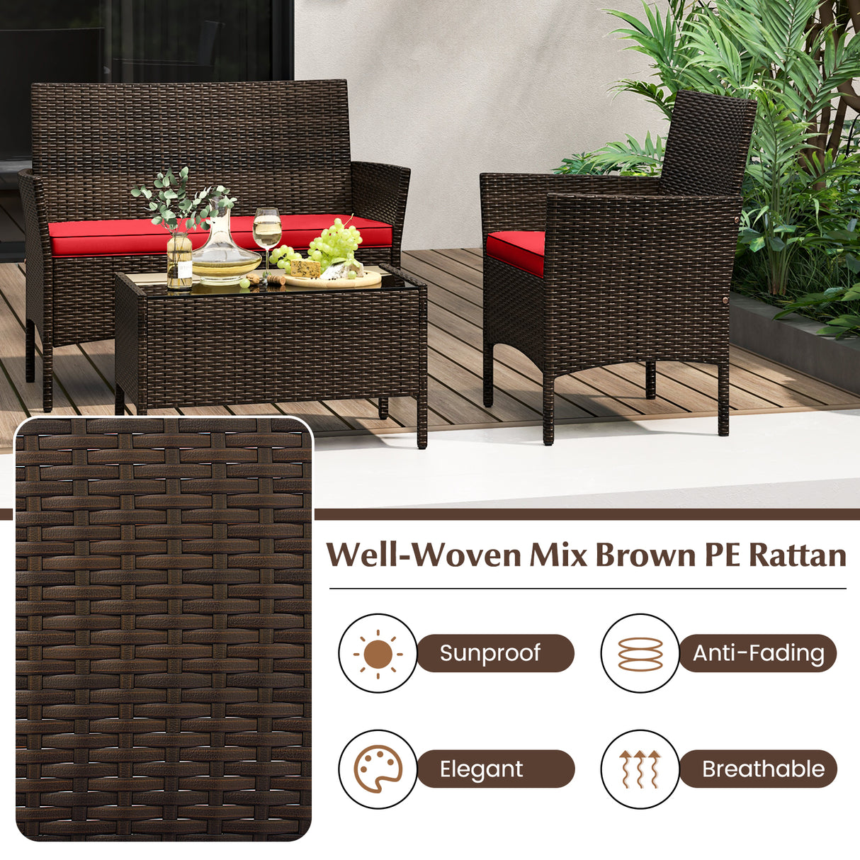 4 Piece Patio Rattan Conversation Set with Cozy Seat Cushions-Red
