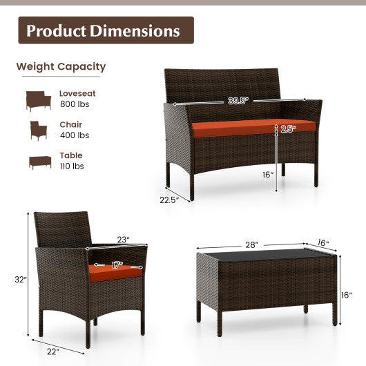 4 Piece Patio Rattan Conversation Set with Cozy Seat Cushions-Orange