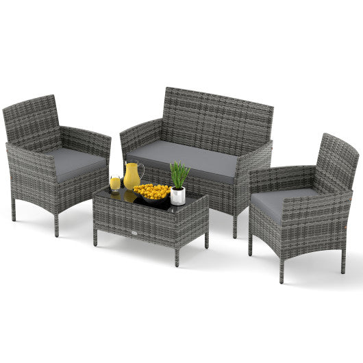 4 Piece Patio Rattan Conversation Set with Cozy Seat Cushions-Light Gray