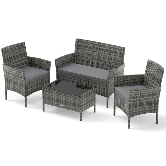 4 Piece Patio Rattan Conversation Set with Cozy Seat Cushions-Light Gray