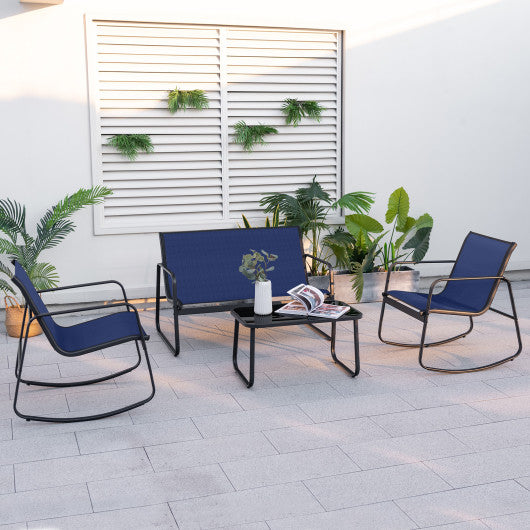 4 Piece Patio Rocking Set with Glass-Top Table-Navy