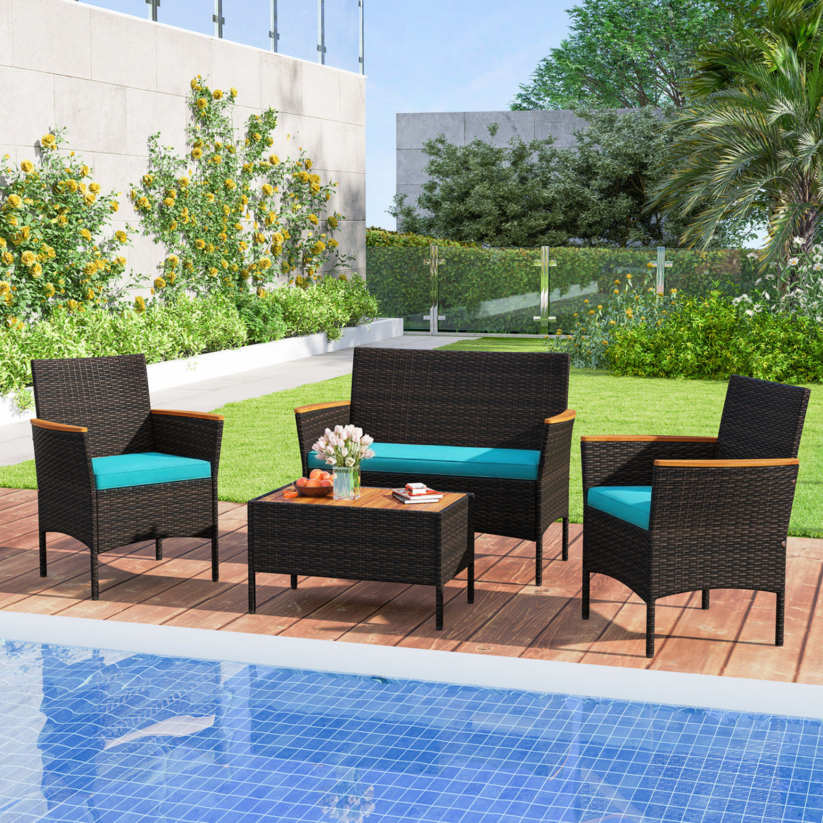 4 Piece Patio Wicker Sofa Set 2 Rattan Chairs and Loveseat with Table-Turquoise