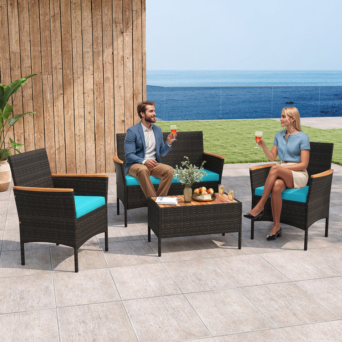 4 Piece Patio Wicker Sofa Set 2 Rattan Chairs and Loveseat with Table-Turquoise