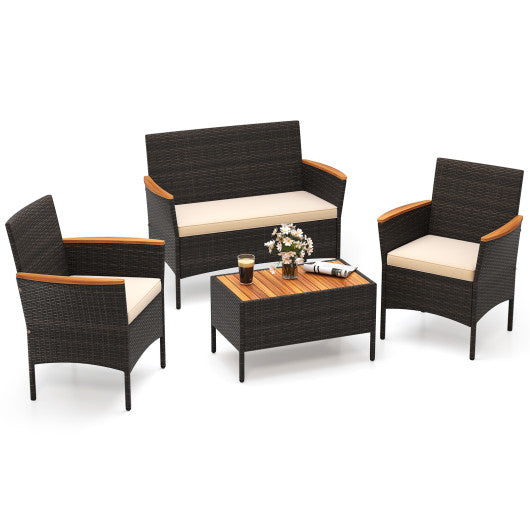 4 Piece Patio Wicker Sofa Set 2 Rattan Chairs and Loveseat with Table-Brown