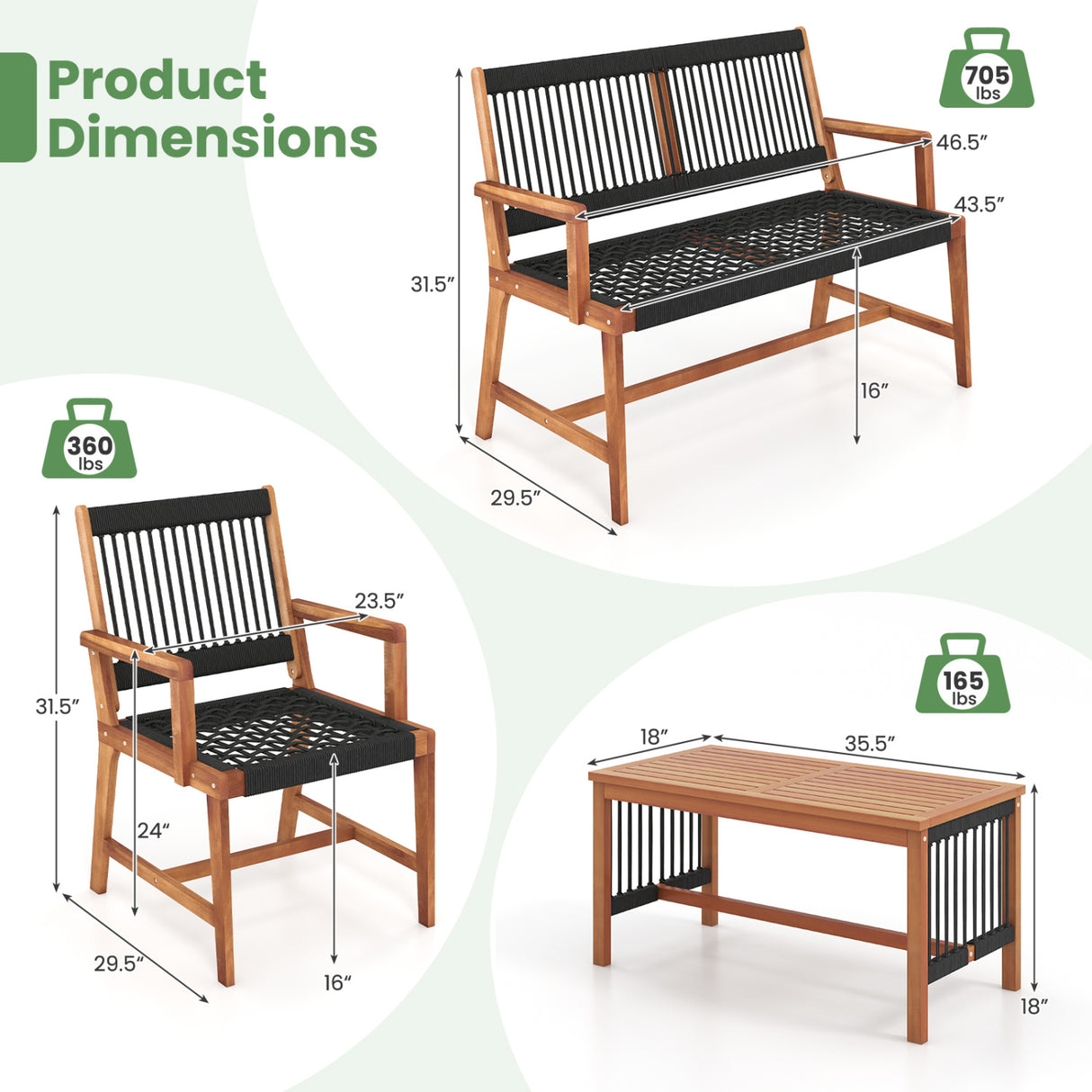 4 Pieces Acacia Wood Patio Conversation Table and Chair Set with Hand Woven Rope
