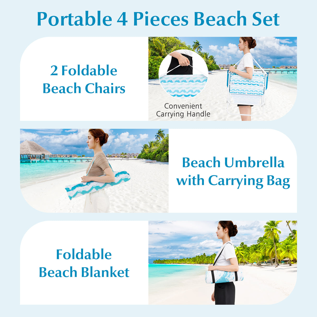 4 Pieces Beach Umbrella Set with 2 Foldable Chairs and Picnic Blanket-Blue